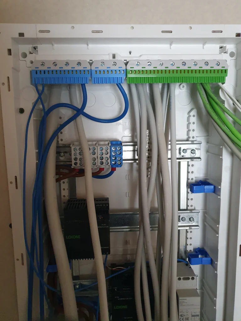 Loxone-Verteiler mit sauber geführten Klemmen und Busleitungen — Smart-Home-Installation von ENELAN GmbH