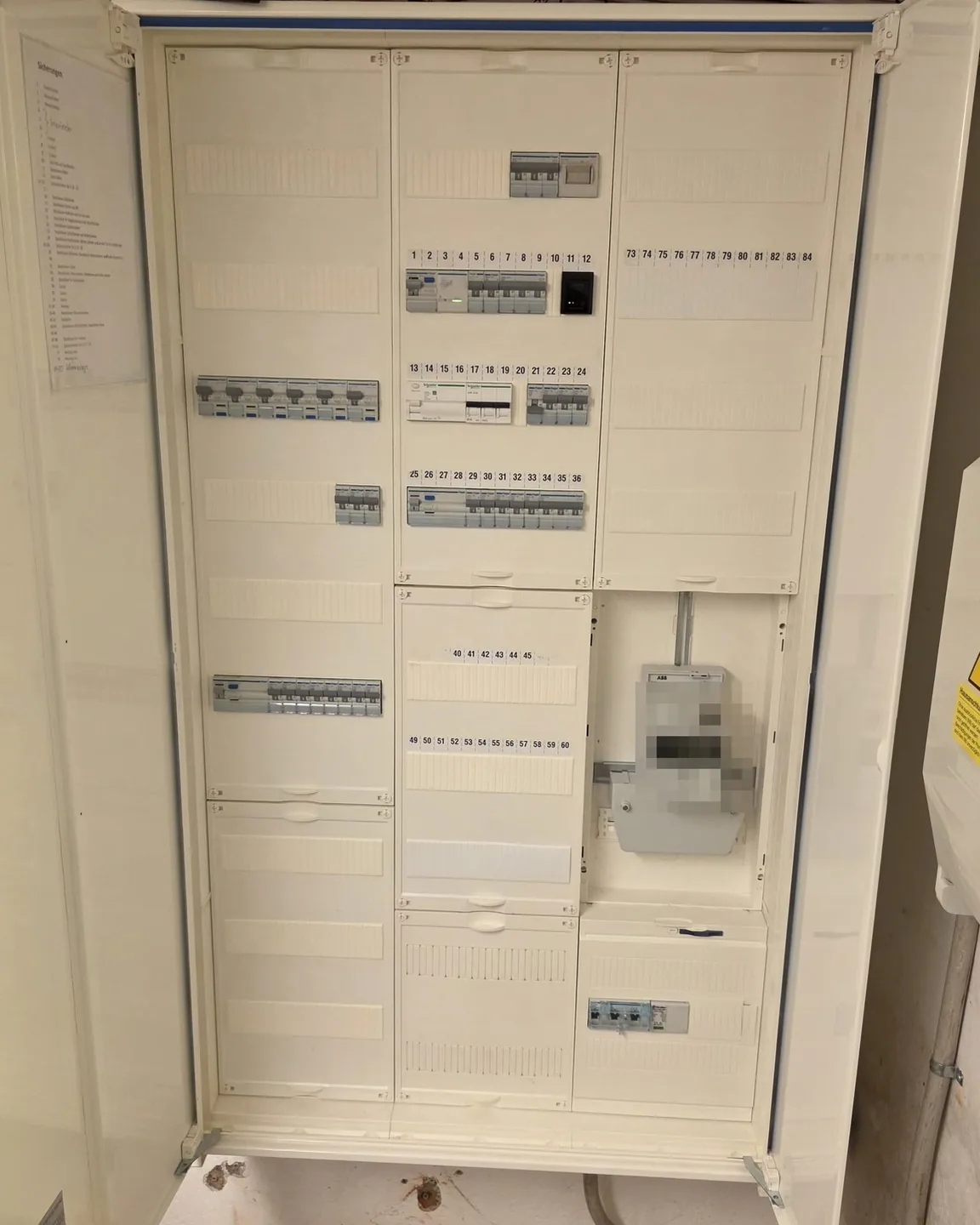 Fertig umgebauter Zählerschrank mit Abdeckungen, beschrifteten Stromkreisen und freien Reservefeldern